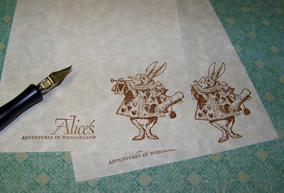 Luxurious Alice In Wonderland "white Rabbit Blows His Horn" Vintage Parchment Stationery Set 50 Parchment Sheets 25 Envelopes